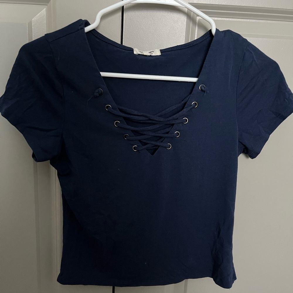 Navy cross top, cropped fit